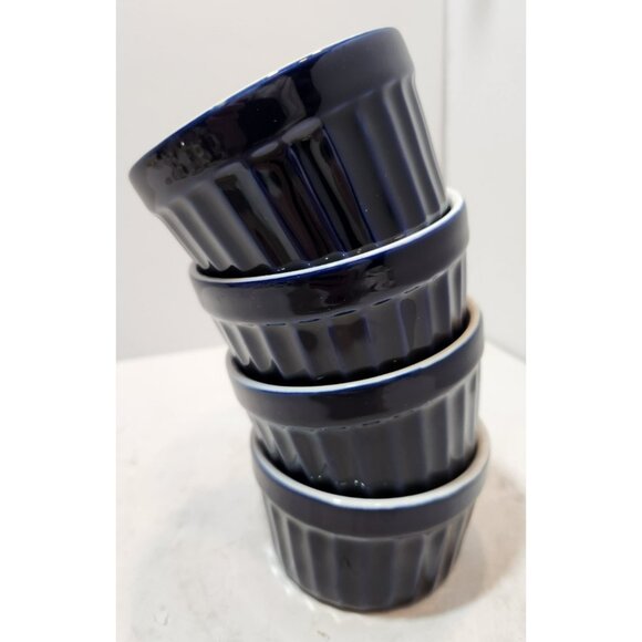 Ceramic Cobalt Blue Mini Ramikens Set of 4 White Interior - Picture 3 of 9